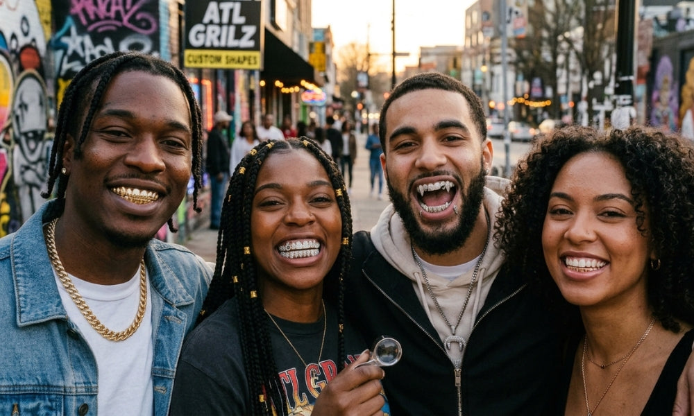 Group of friends smiling with gold full-row and chrome fang grillz outside a custom grillz shop on an Atlanta street
