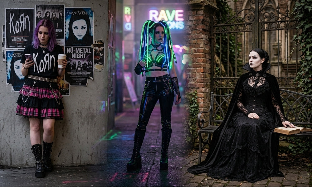 Three-panel comparison of mall goth, cybergoth and traditional goth style: plaid skirt and band posters, neon cyberlox and PVC, Victorian black gown