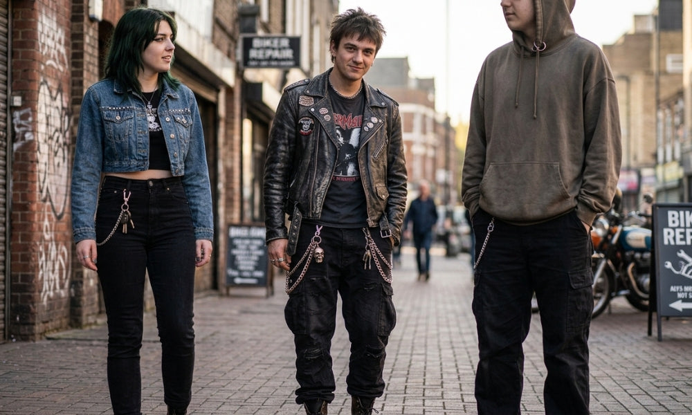 Three friends on a London street wearing different pants chain styles over black jeans and cargo pants, biker repair shop sign in the background