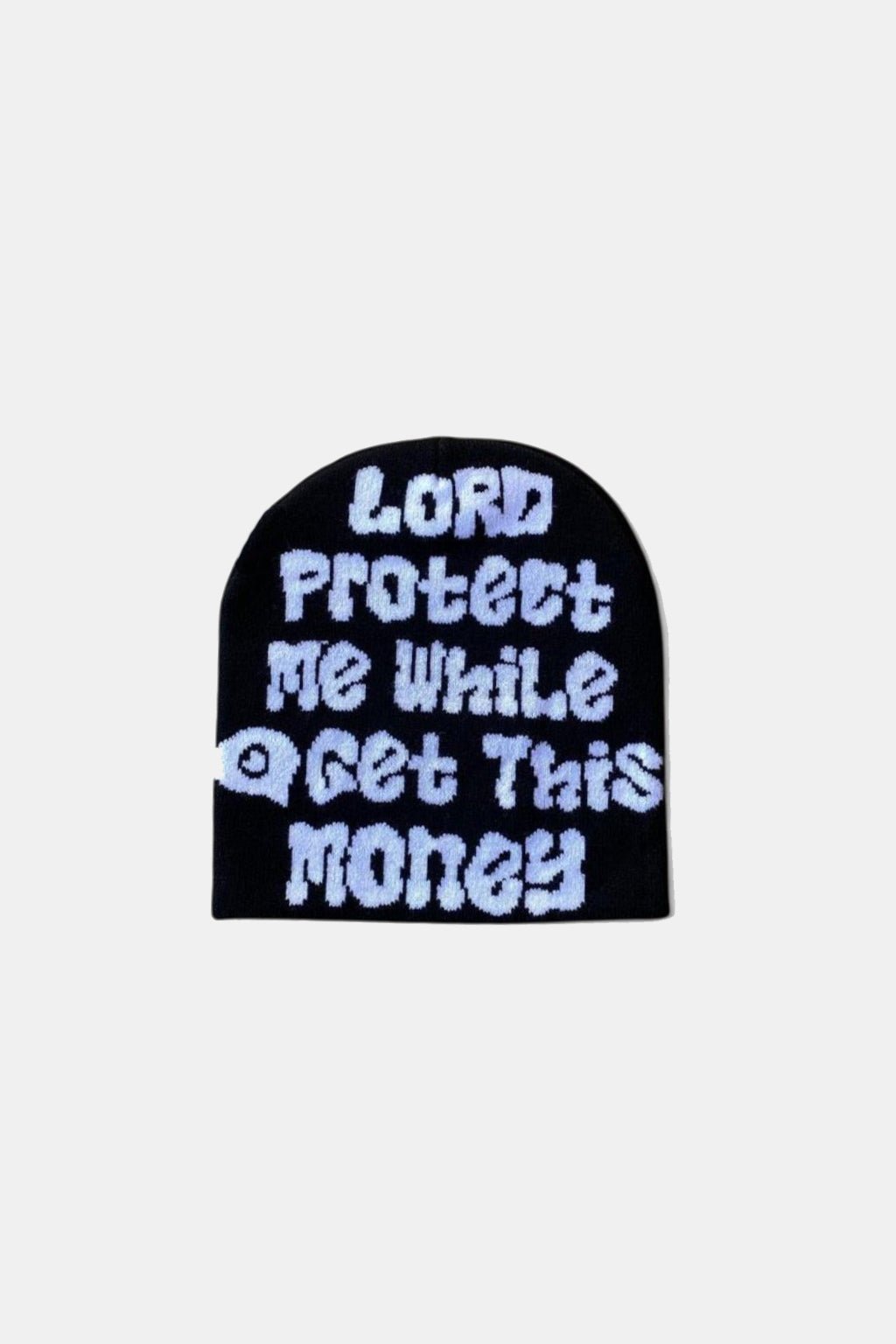 Aesthetic Beanie - black ribbed beanie with stacked text graphic, front view