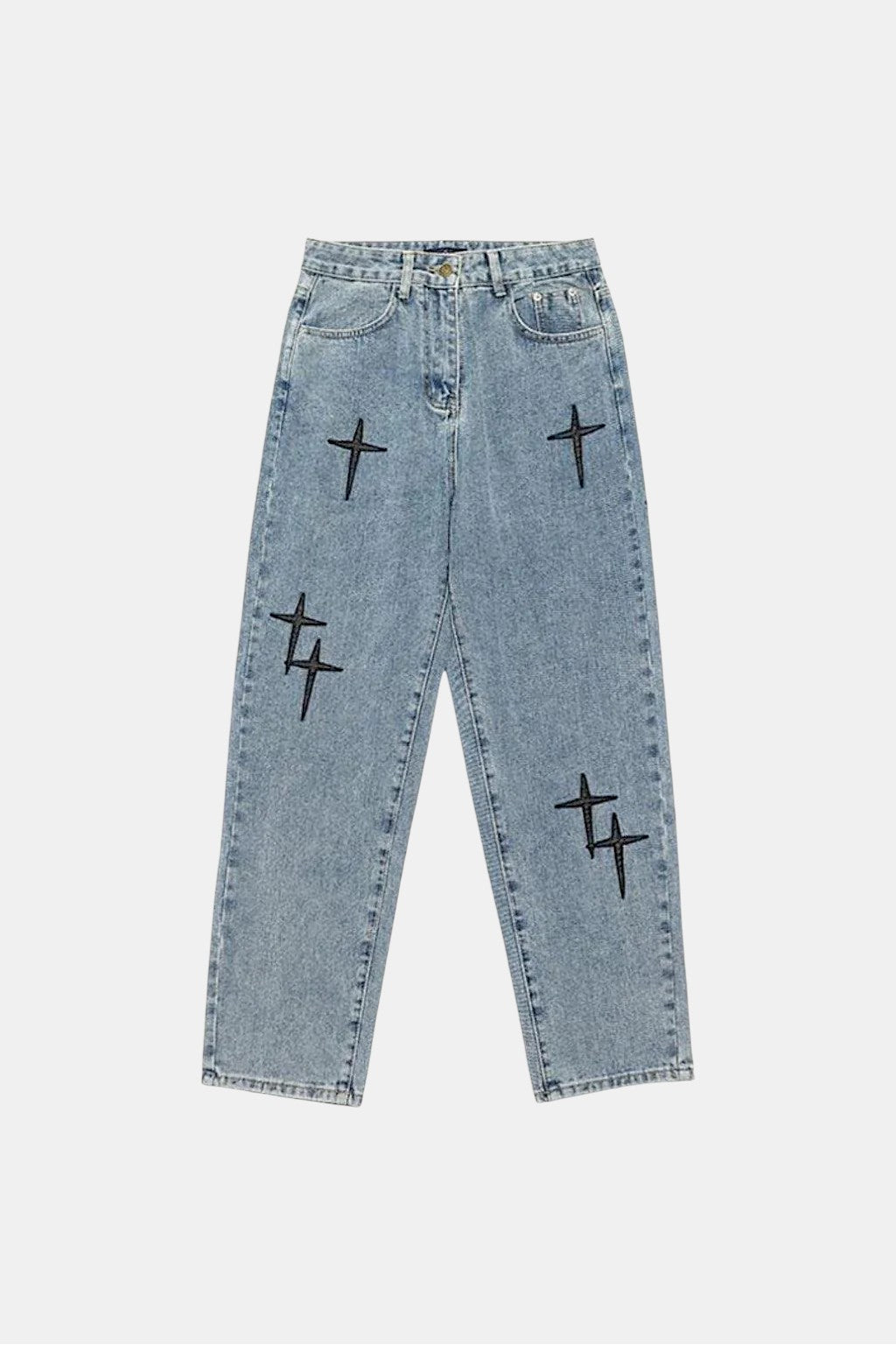 Aesthetic Jeans - light wash jeans with scattered small cross graphics, front view