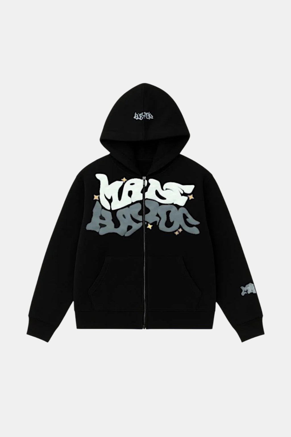 Aesthetic Sweater - black zip hoodie with stacked graffiti tag graphic, front view