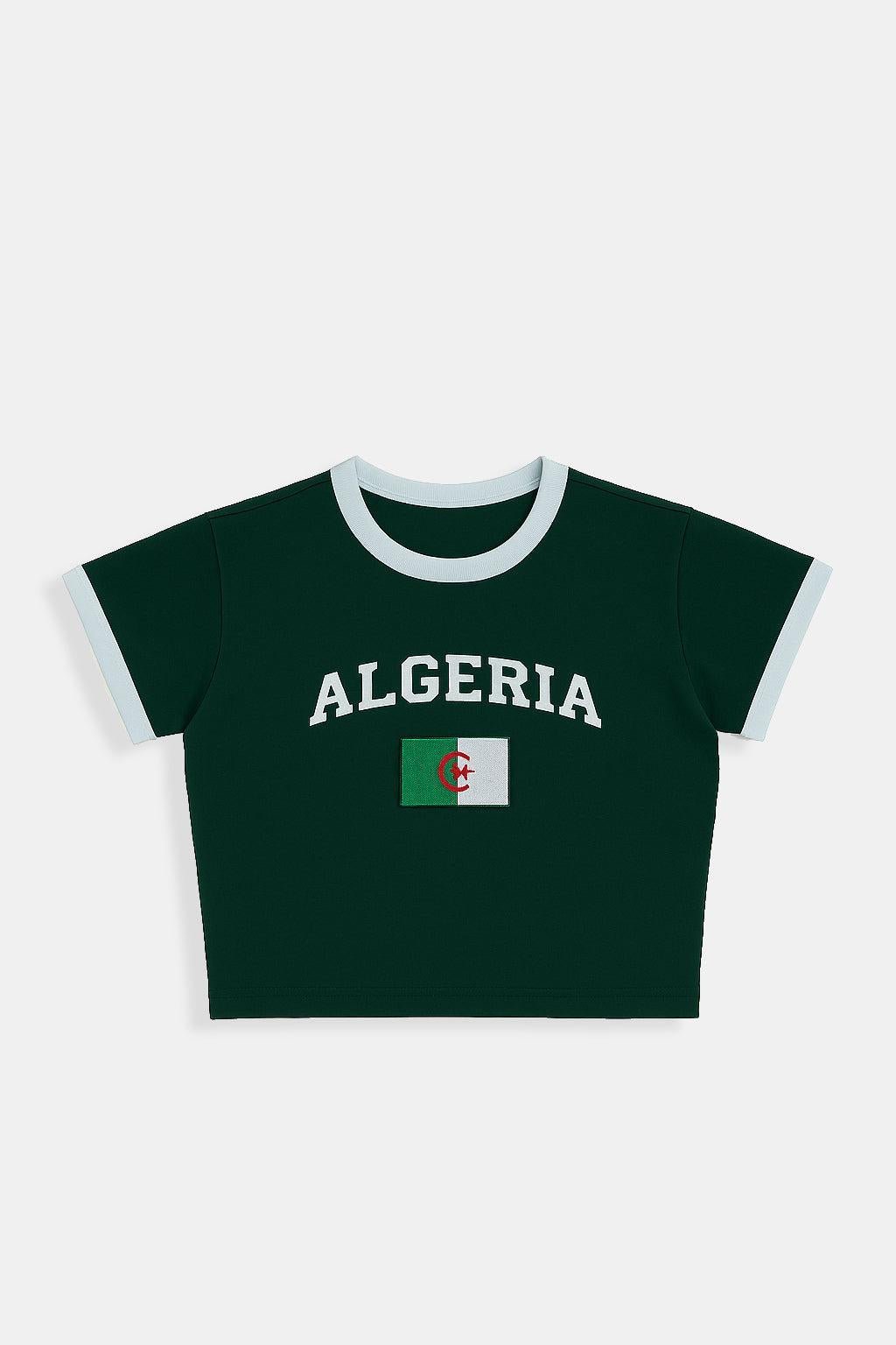 Algeria Crop Top - green ringer crop top with white trim and flag graphic, front view