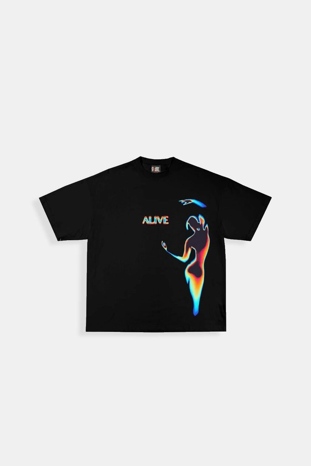 Alive T Shirt - black cropped t-shirt with gradient streaking figure graphic, front view