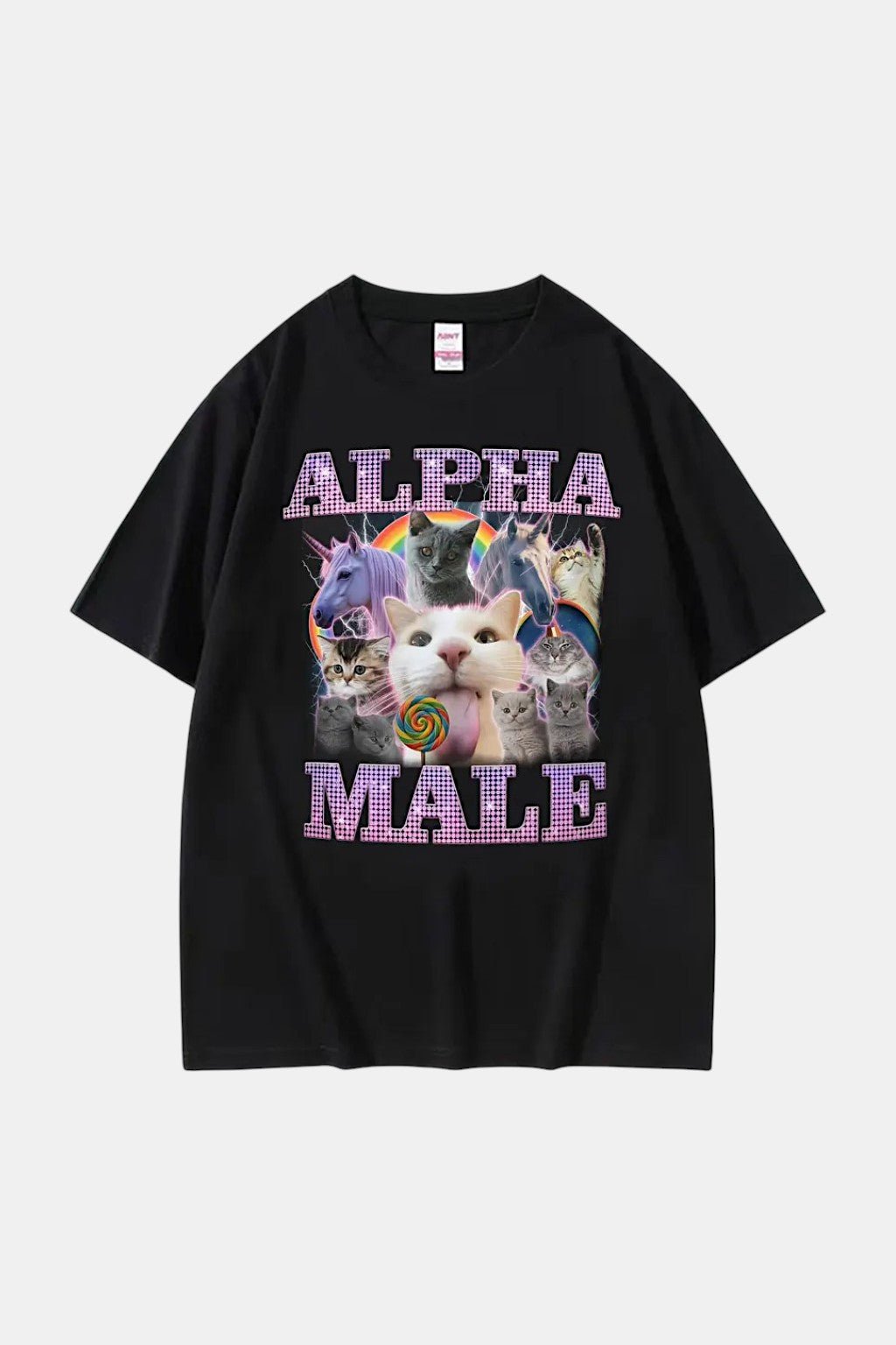 Alpha Male T Shirt - black oversized t-shirt with Alpha Male text and kitten graphic collage, front view