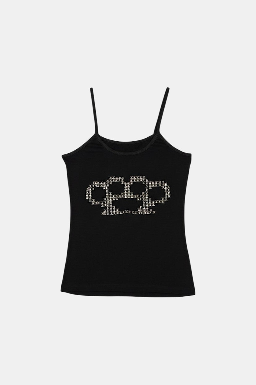 American Fist Tank Top - black cami with studded knuckle-duster graphic, front view