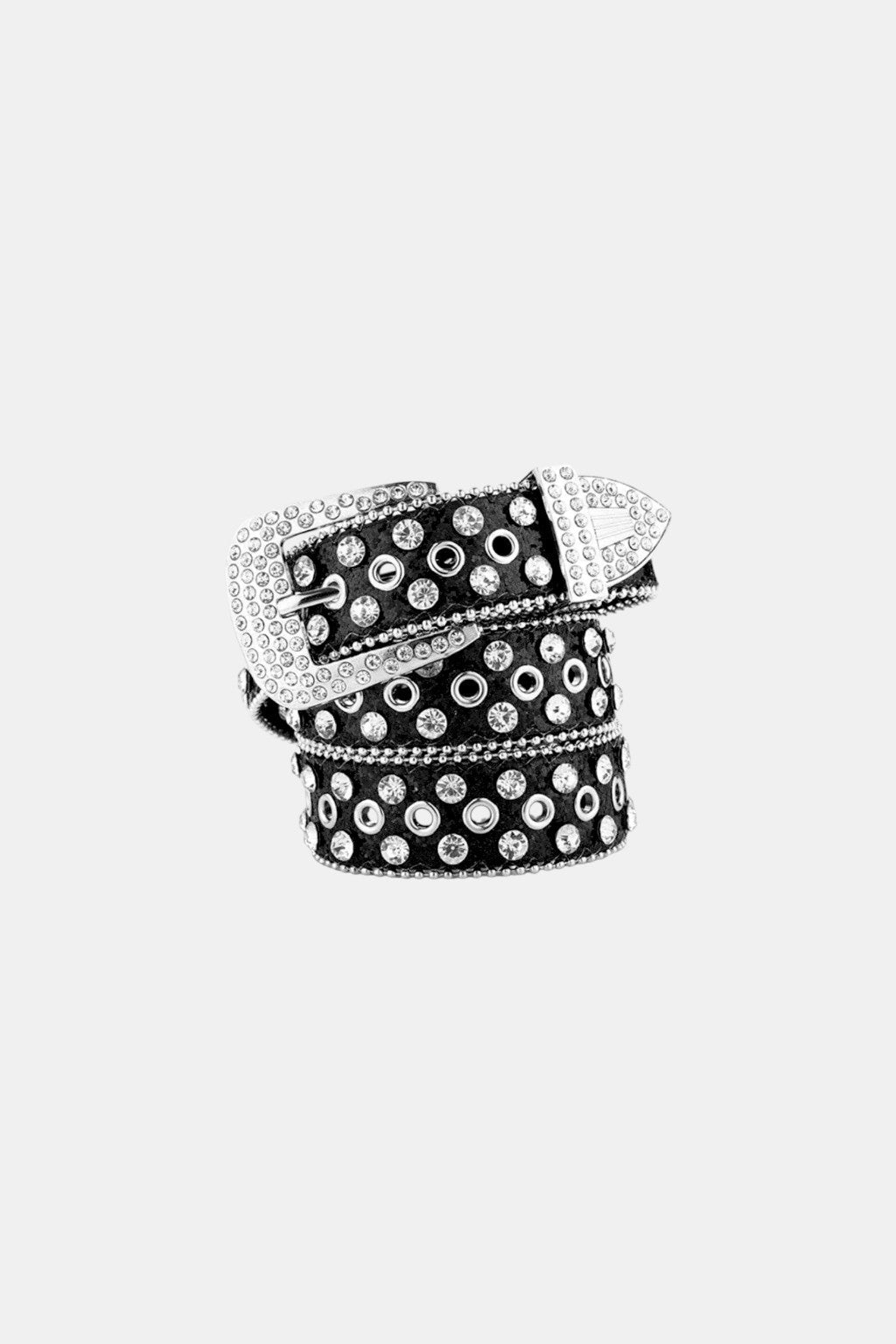 American Rapper Belt - black belt with triple row pyramid studs, front view