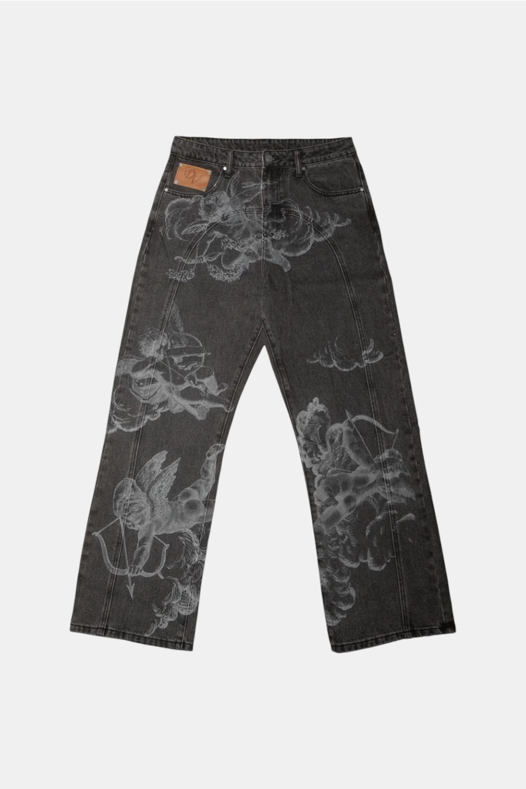 Angel Jeans - black washed jeans with scattered wing sketch graphics, front view