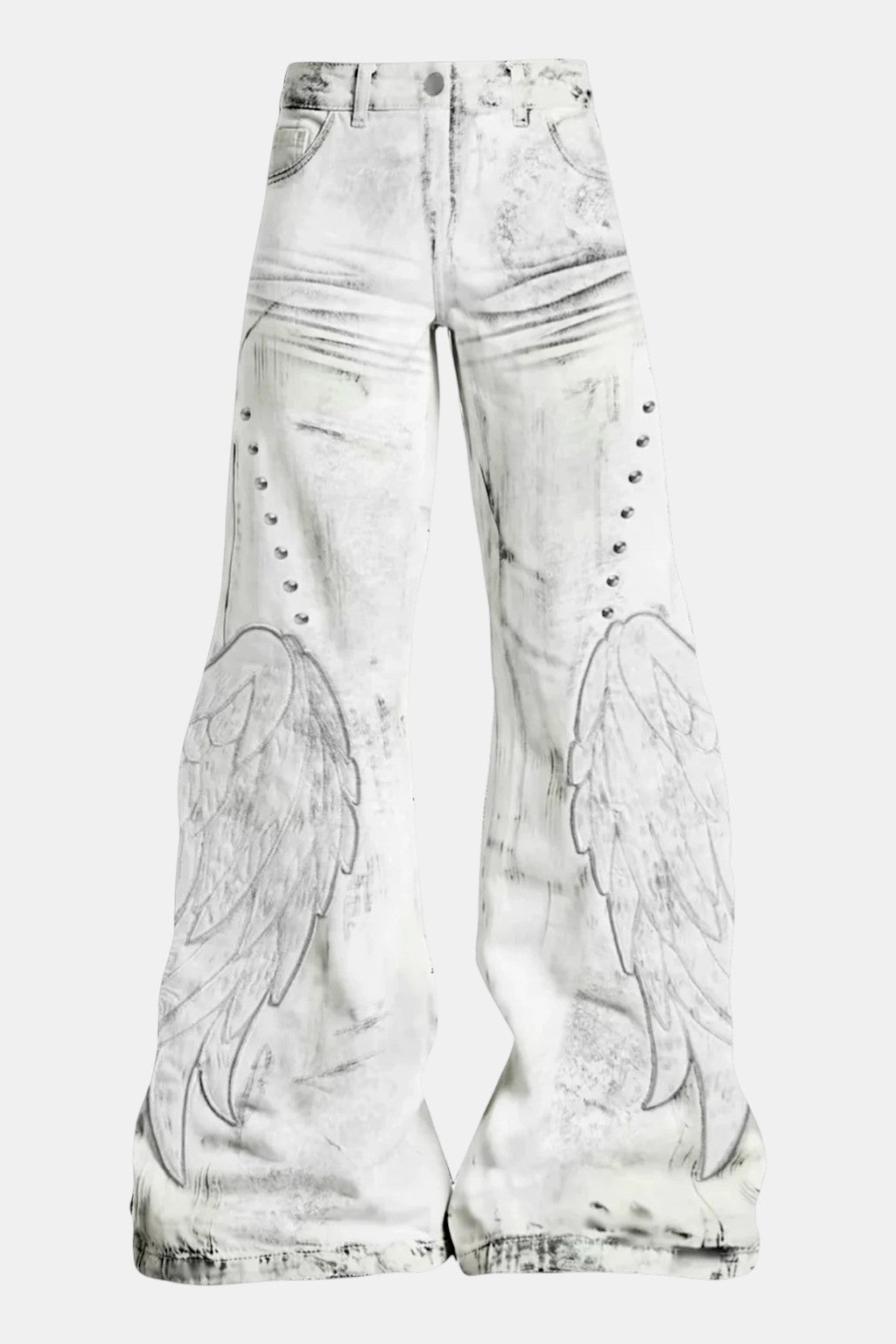 Angel Wing Jeans - bleached flared jeans with full wing graphic, front view