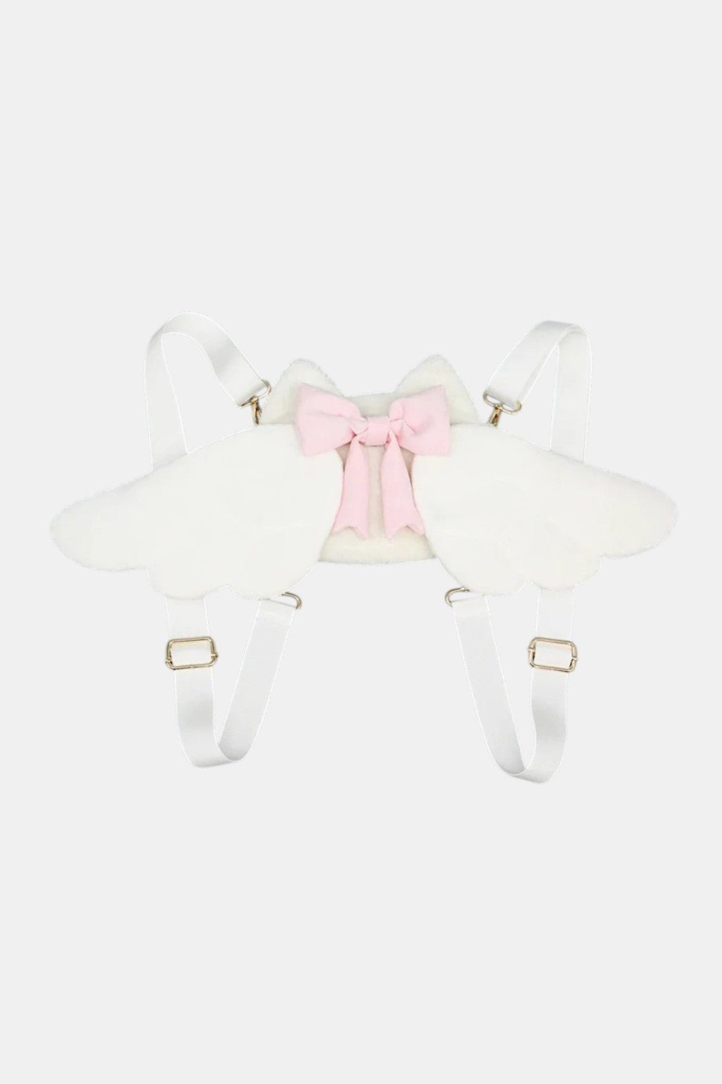 Angel Wings Bag - white faux fur crossbody bag shaped like wings, front view