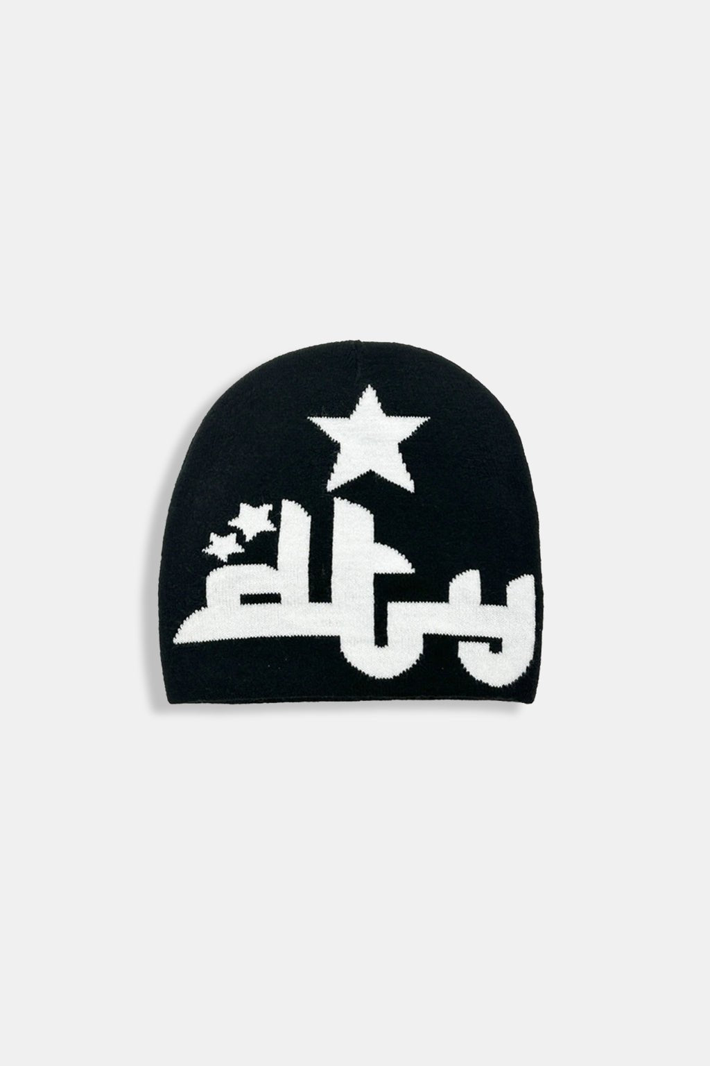 Arabic Script Beanie - black ribbed beanie with flowing script graphic, front view