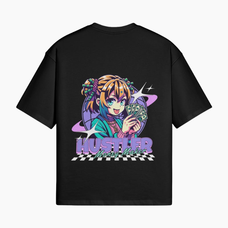 Arcade T-Shirt Hustler Money Maker - black boxy tee with character graphic on checkerboard background, worn view