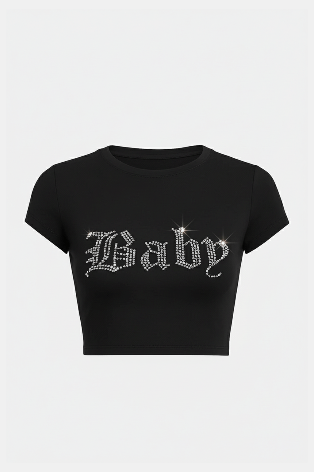 Baby T Shirt - black cropped baby tee with rhinestone Baby text in gothic script, front view