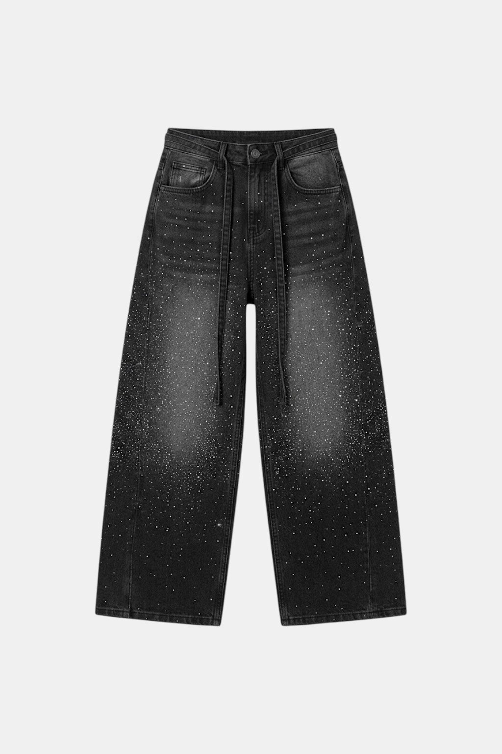 Baggy Jeans With Rhinestones - dark grey wide leg jeans with floral rhinestone pattern, front view