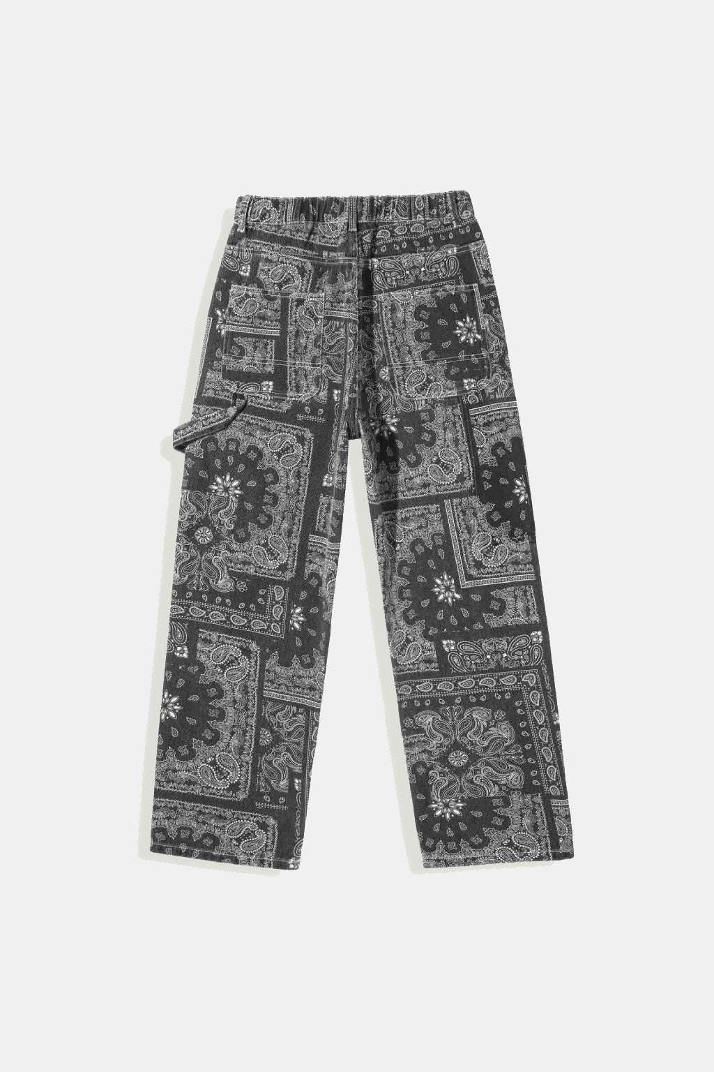 Bandana Jeans - grey cargo jeans with tonal paisley print, front view