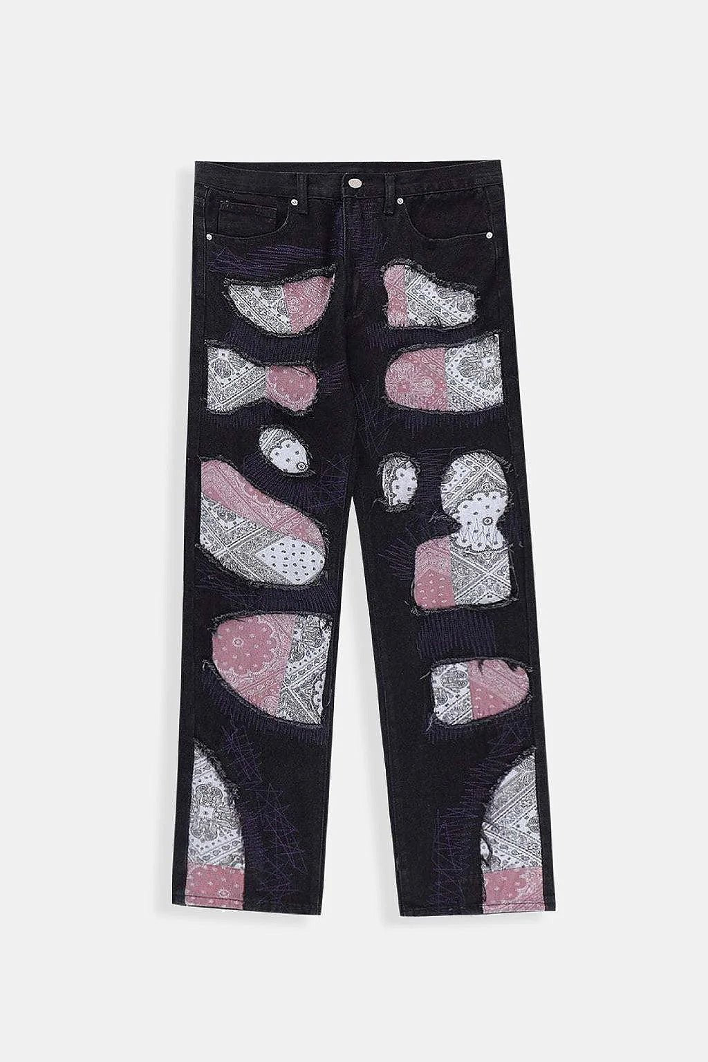 Bandana Patchwork Jeans - black jeans with mismatched paisley patchwork panels, front view