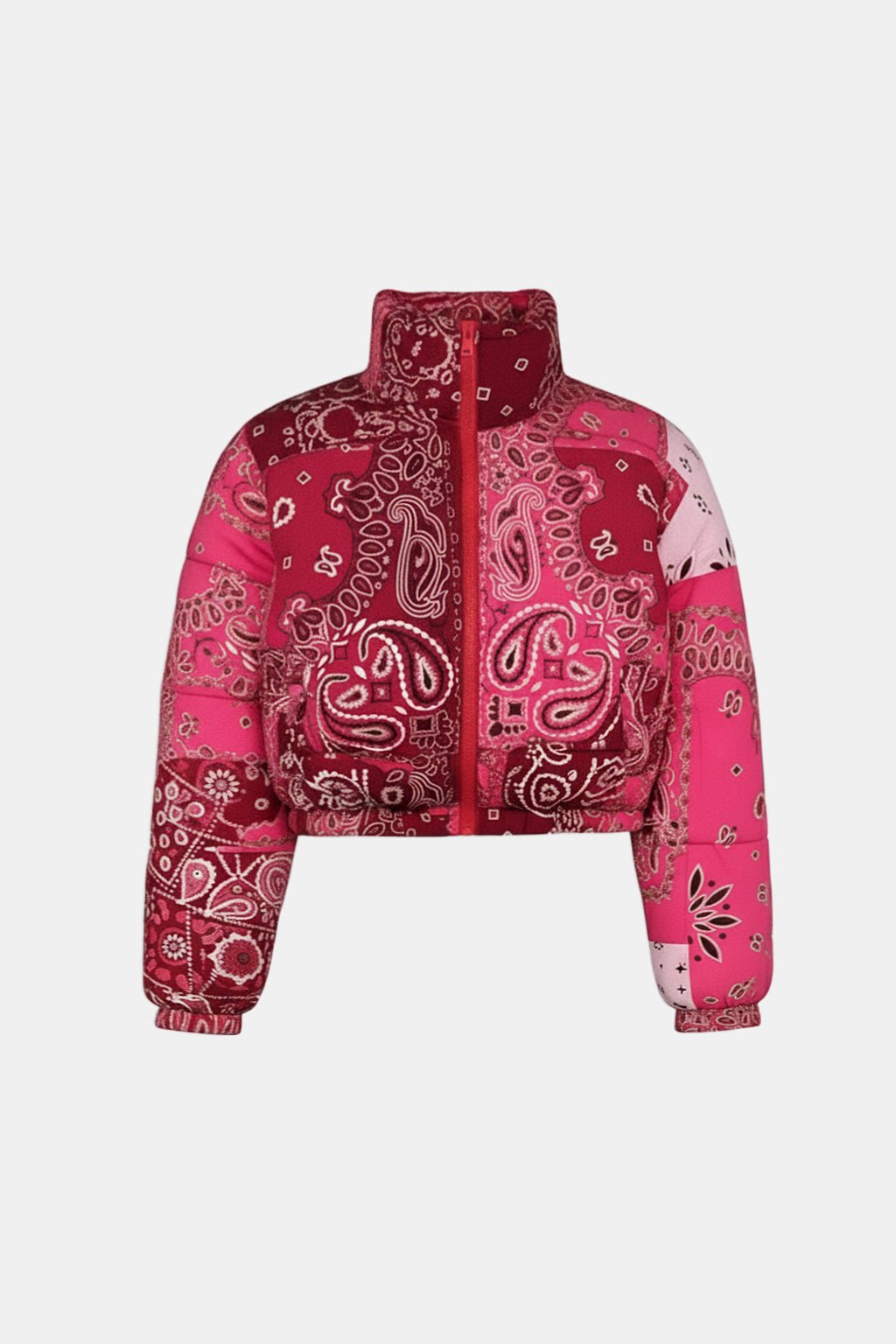 Bandana Puffer Jacket - cropped puffer in red and pink bandana paisley print, standing collar, front view