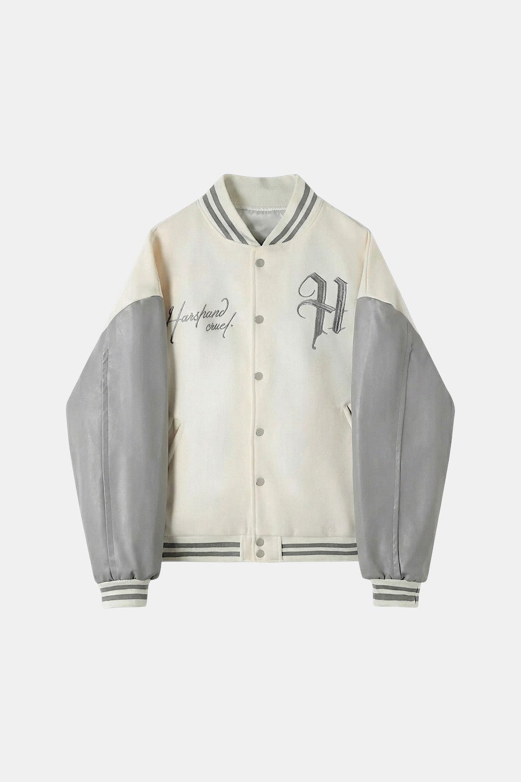 Beige Varsity Jacket - cream and grey varsity jacket with embroidered H letter patch, front view