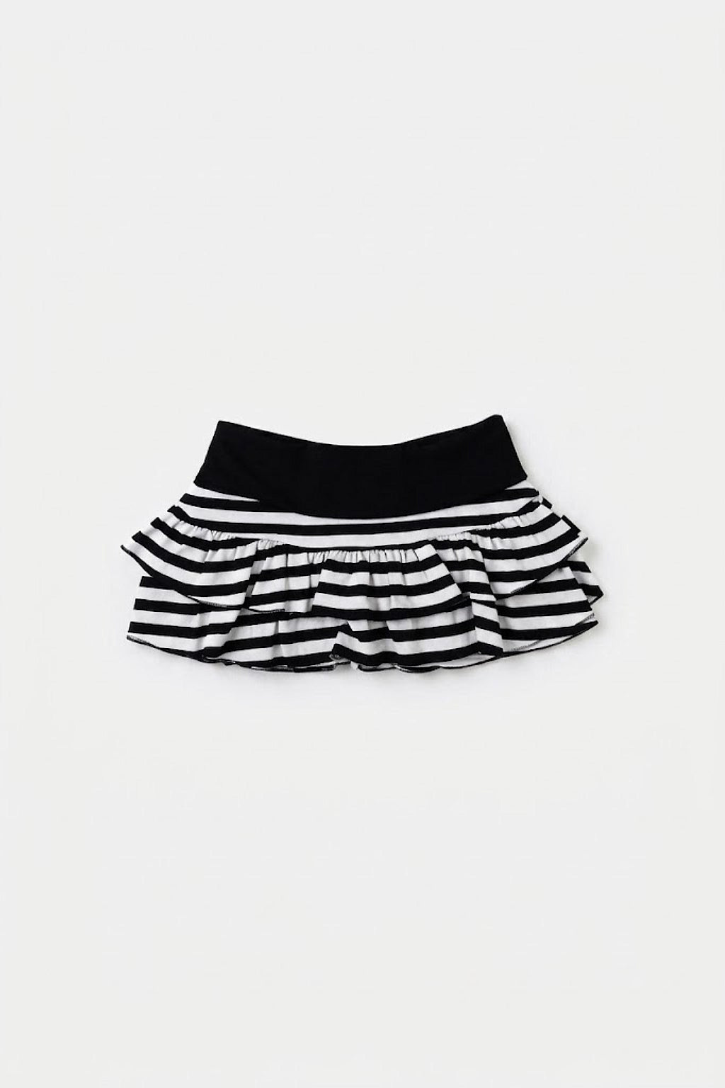 Black And White Striped Skirt - striped mini skirt with ruffled tiers and black waistband, front view