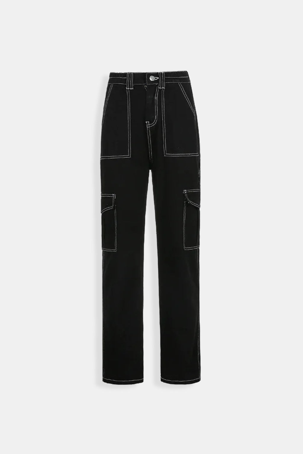 Black Cargo Pants With White Stitching - black cargo pants with white contrast topstitching, front view