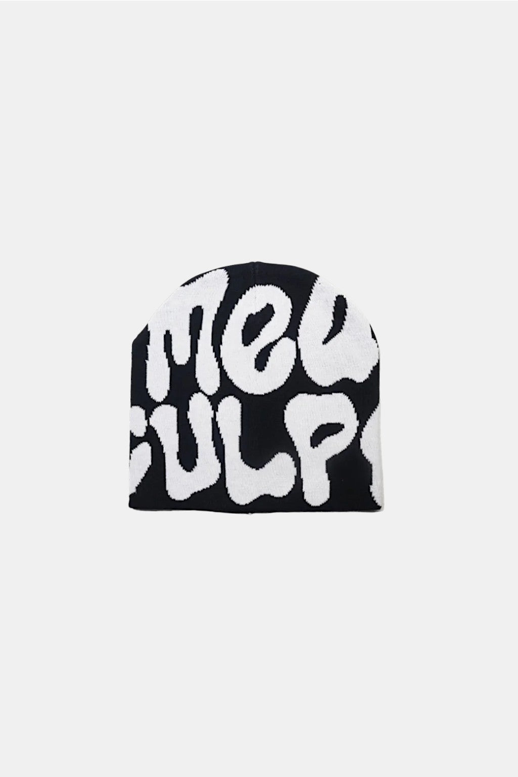 Black Mea Culpa Beanie - black and white beanie with bubble type graphic, front view