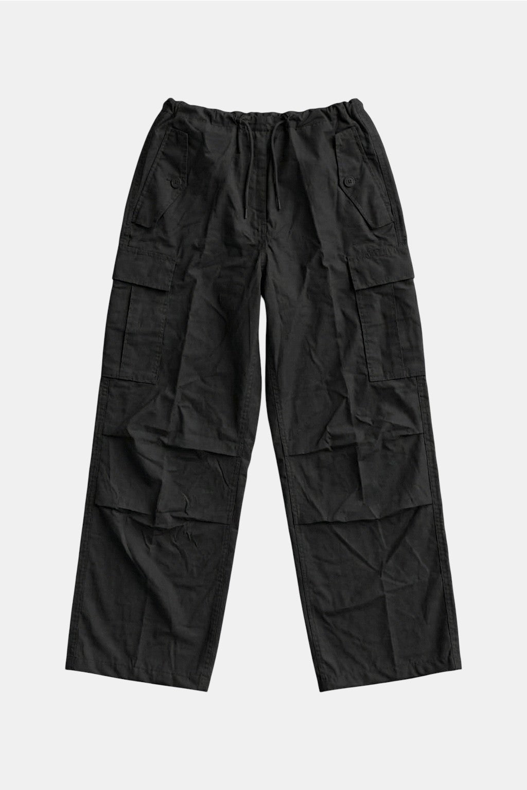 Black Parachute Cargo Pants - black parachute style cargo pants with drawcord cuffs, front view
