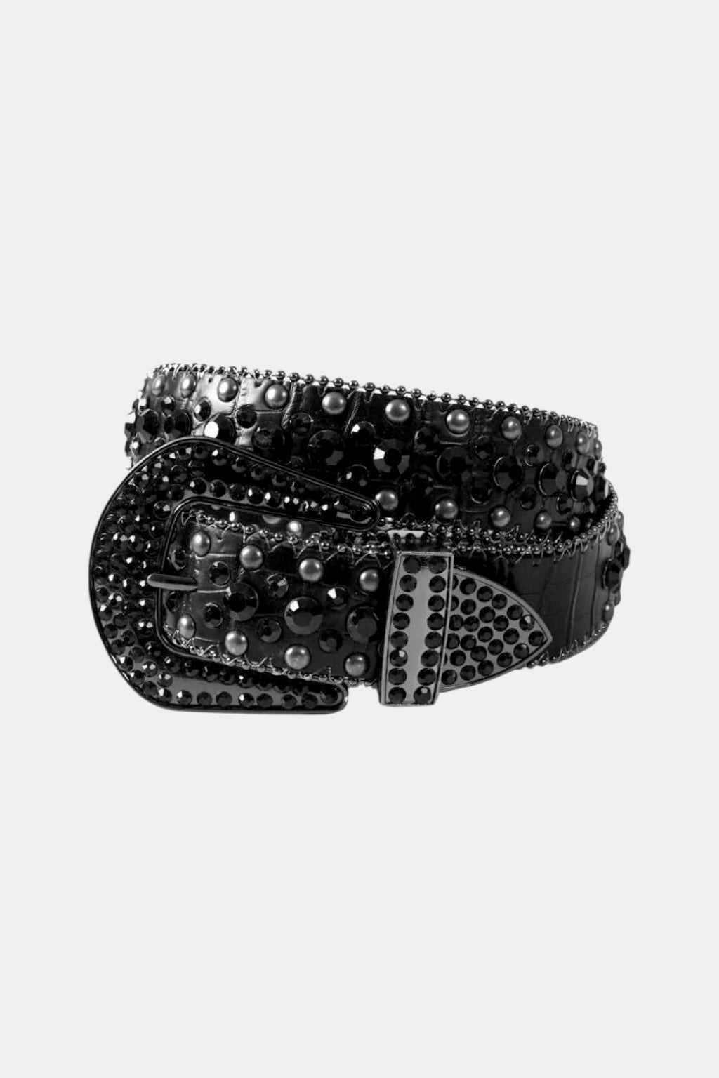 Black Rhinestone Belt - black belt with rhinestone buckle and draped chains, front view