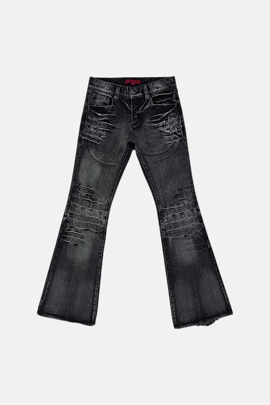 Black Stacked Jeans - black flared stacked denim jeans, front view