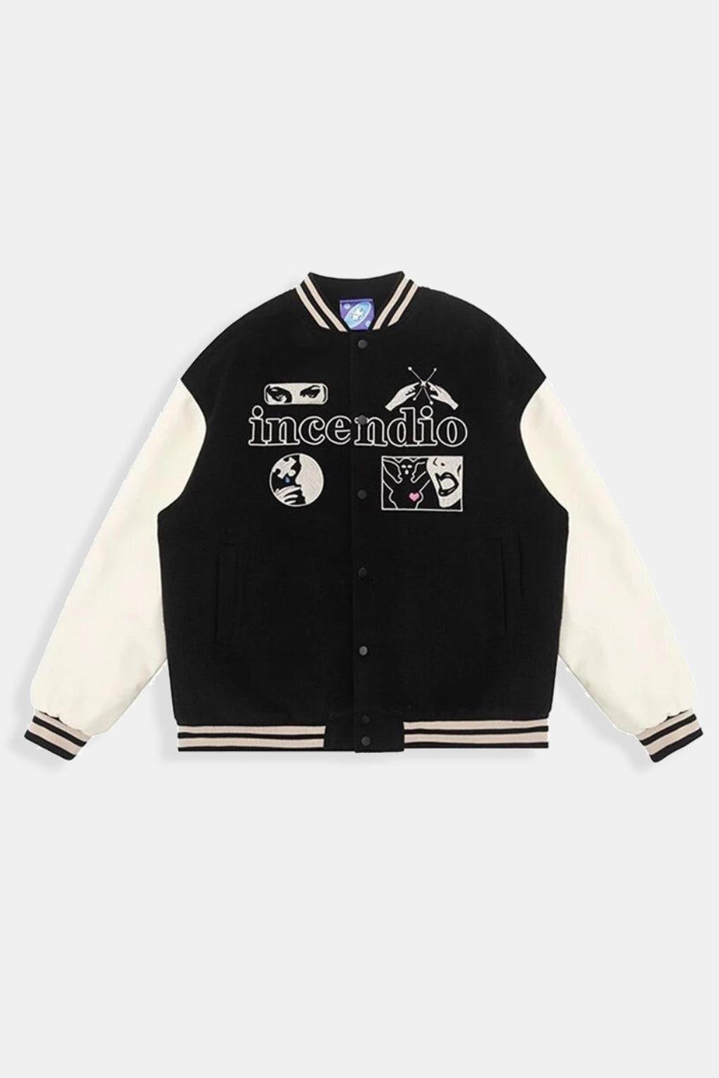 Black Varsity Jacket - black and cream varsity jacket with patchwork graphics and yin-yang emblem, front view