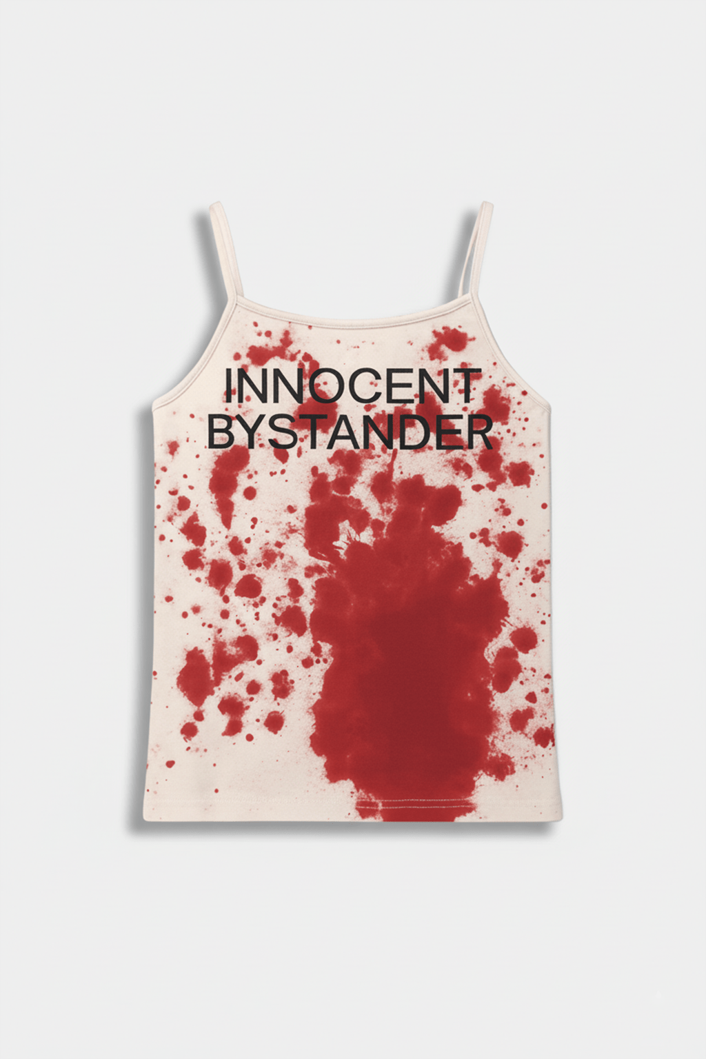 Blood T Shirt - cream tank top with red splatter graphic and Innocent Bystander text, front view