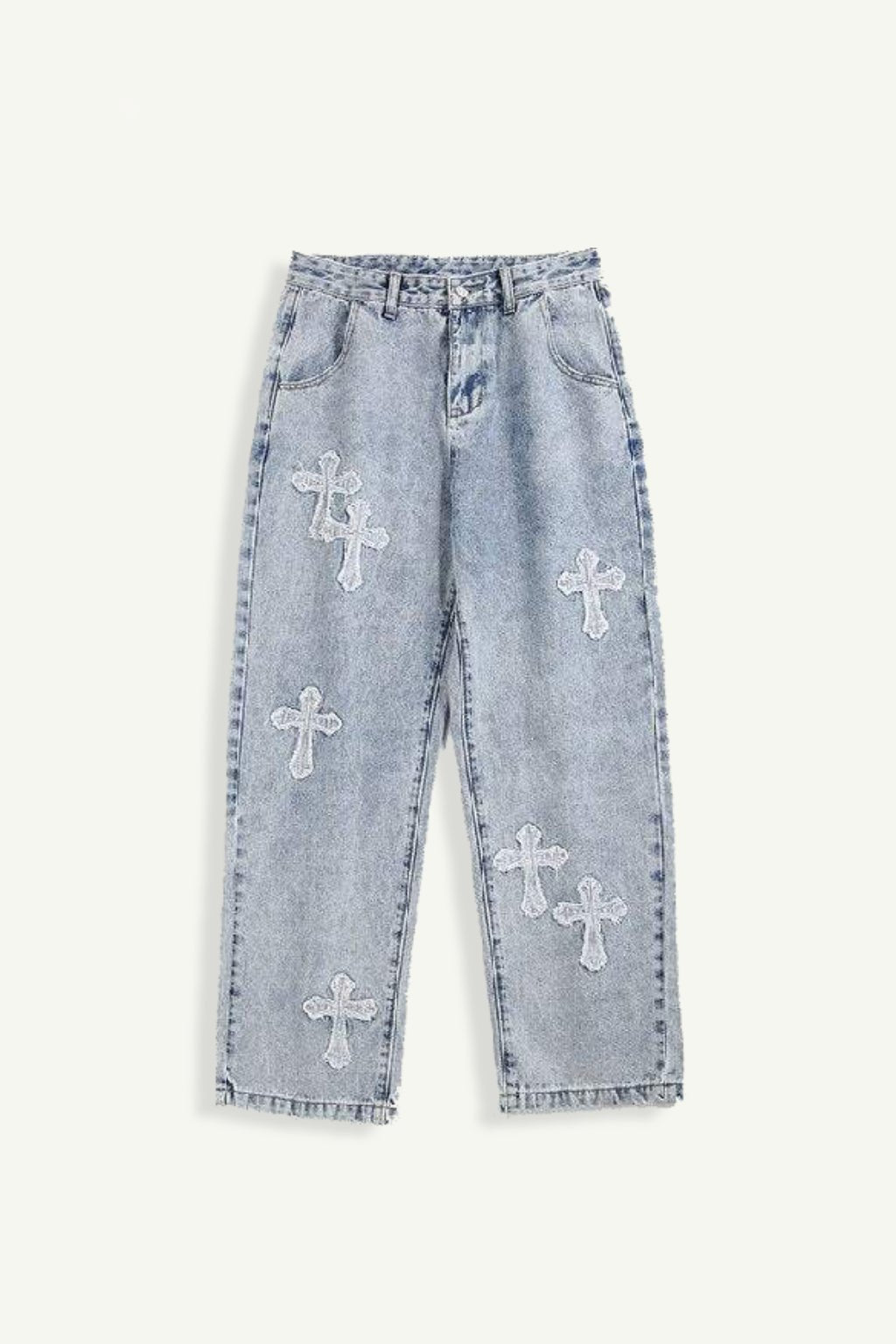 Blue Cross Jeans - light blue baggy jeans with rhinestone cross detail, front view