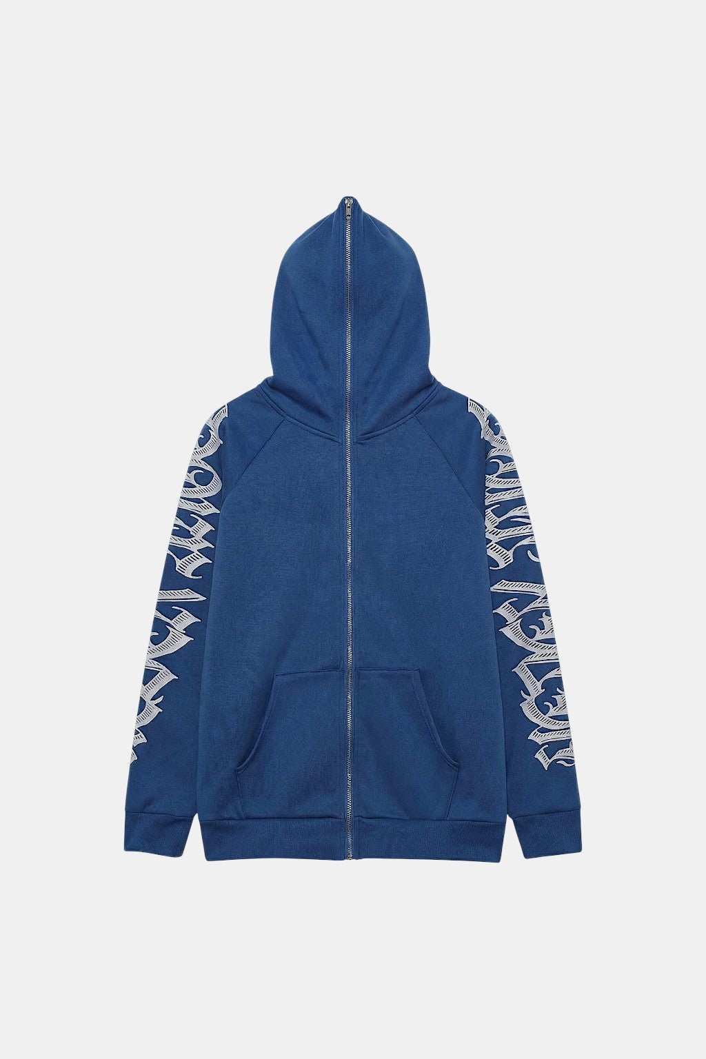 Blue Full Zip - steel blue zip hoodie with barbed wire linework on one sleeve, front view