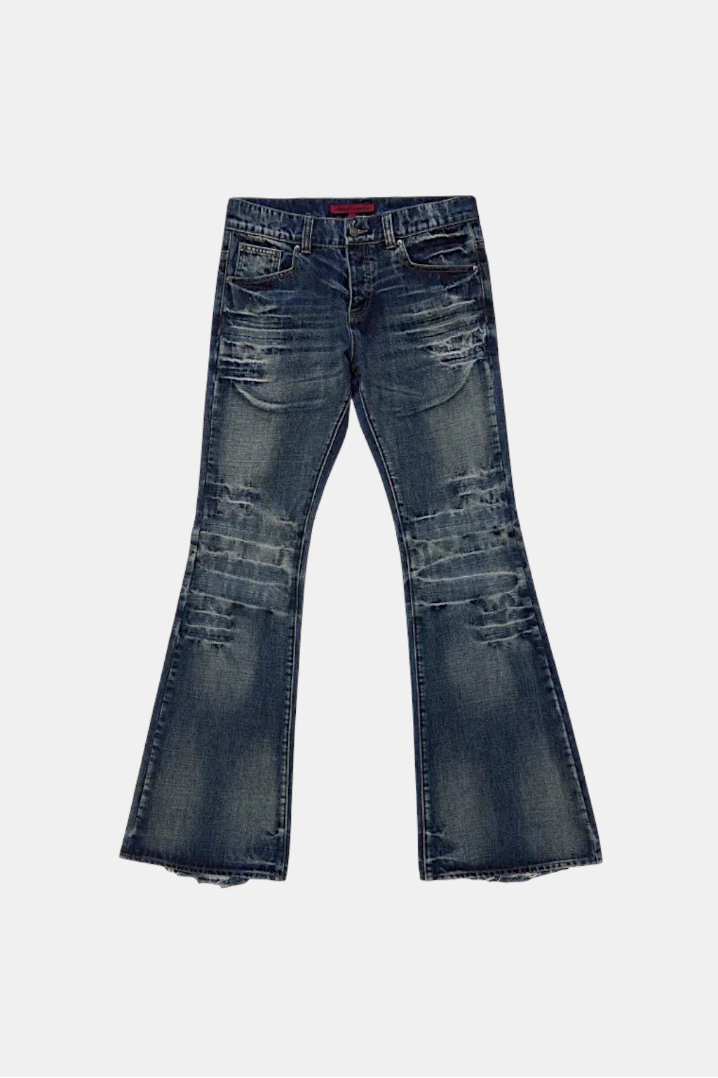 Blue Stacked Jeans - blue flared stacked denim jeans, front view