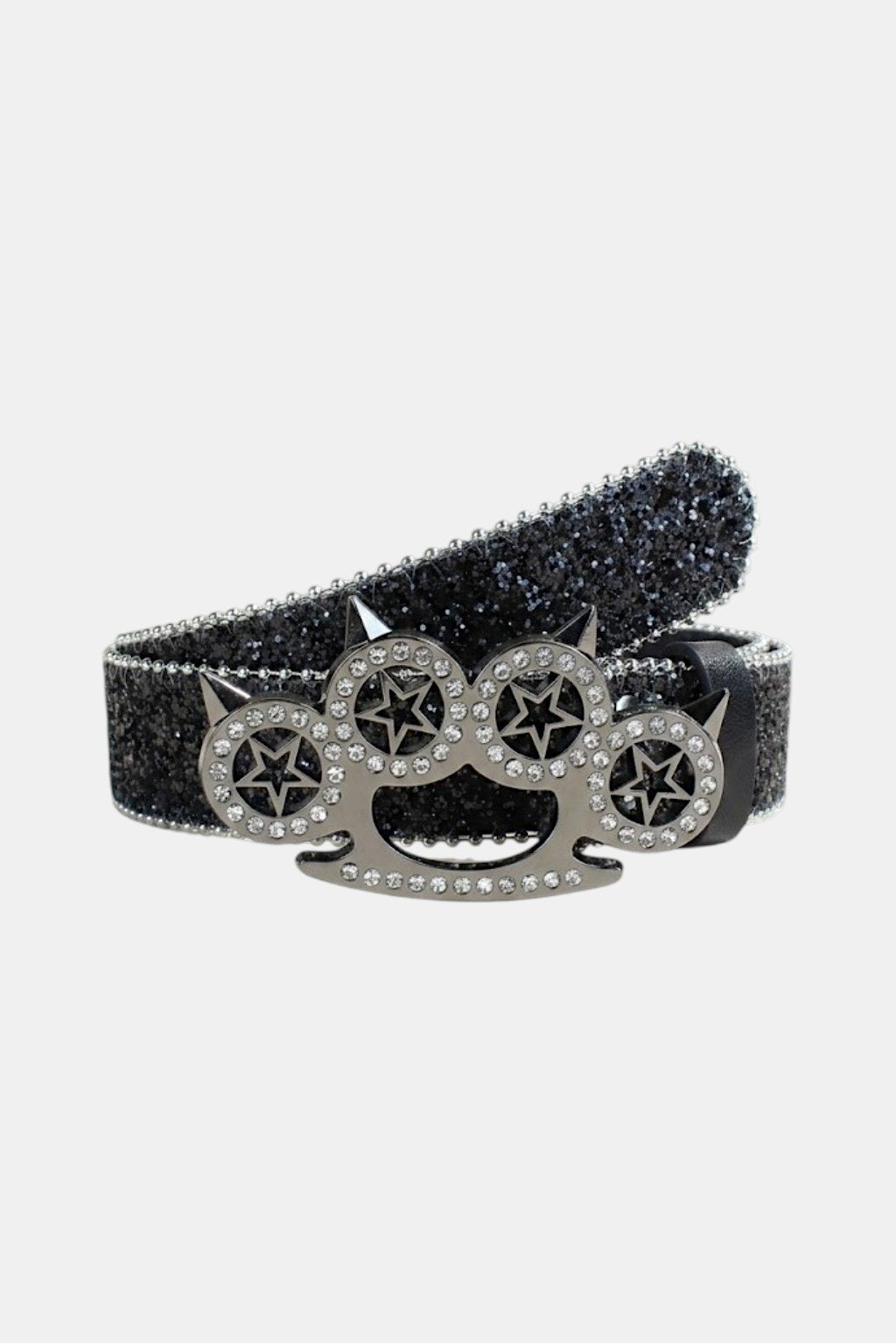 Brass Knuckles Belt - black belt with rhinestone knuckle duster buckle, front view