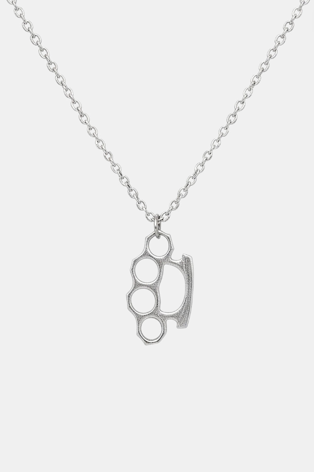 Brass Knuckles Necklace - knuckle duster silhouette pendant on fine chain, front view