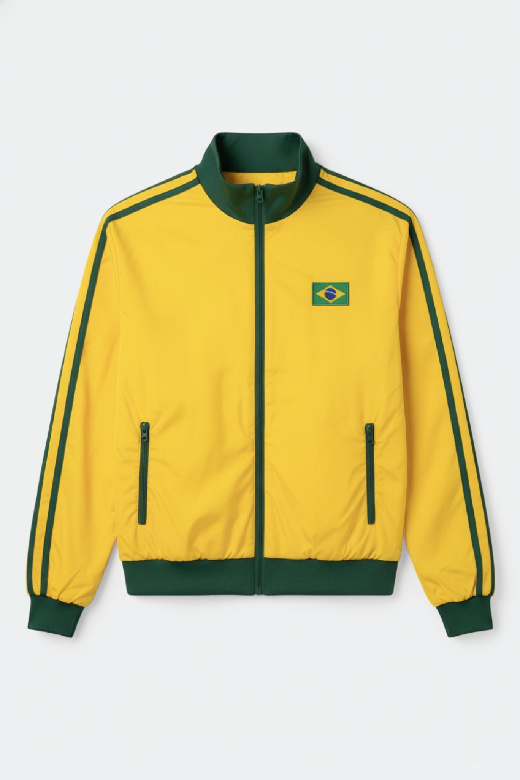 Brazil Jacket - yellow track jacket with green trim and Brazil flag patch, front view
