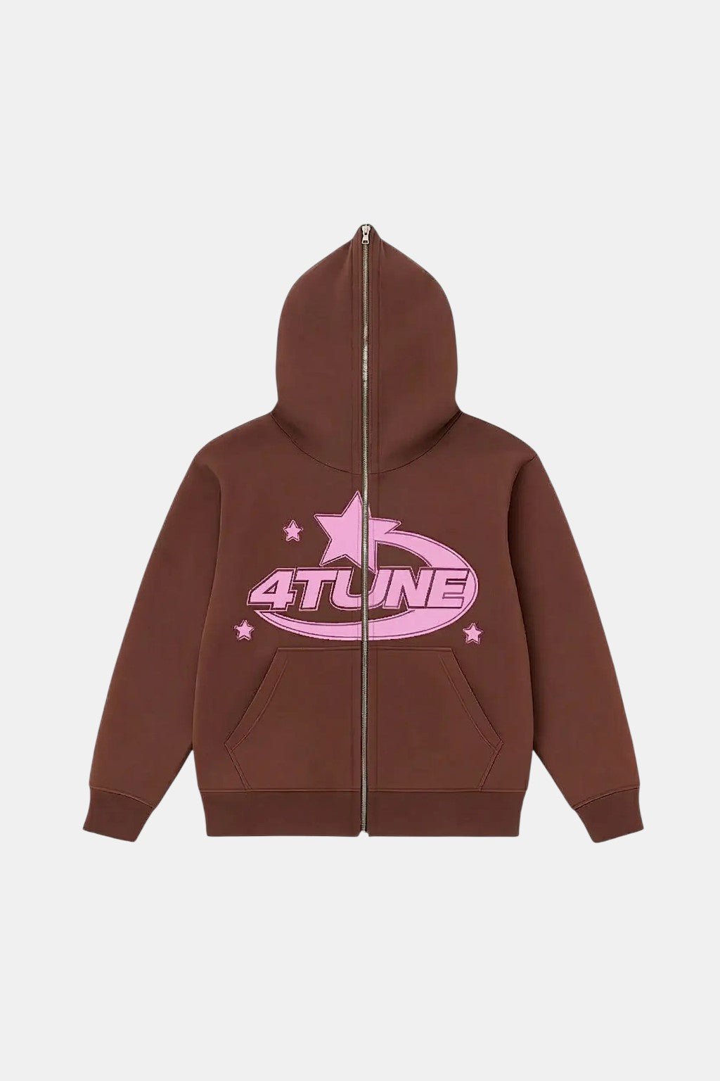 Brown Full Zip Hoodie - brown zip hoodie with pink star wordmark graphic, front view