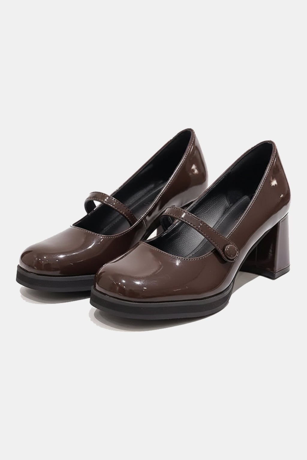 Brown Mary Jane - brown patent block heel Mary Jane shoes, front view