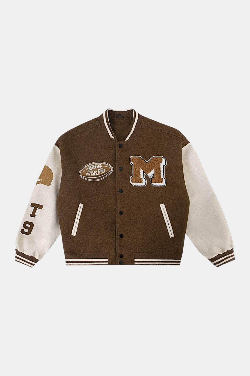 Brown Varsity Jacket - brown and cream varsity jacket with chenille M letter patch, front view