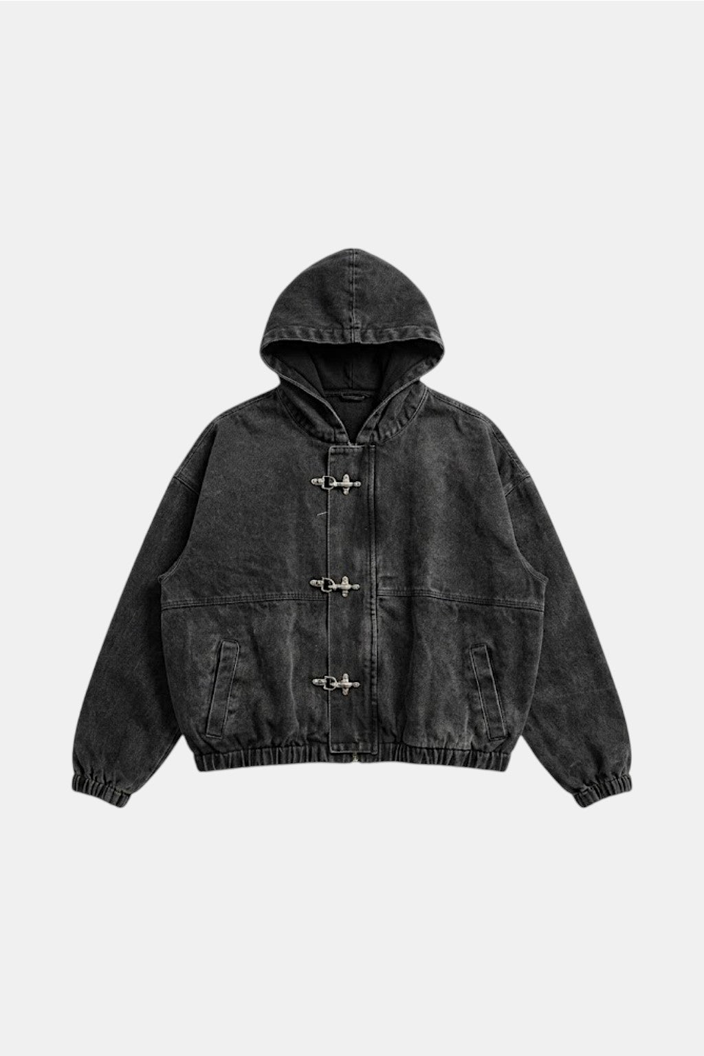 Buckle Hoodie - black corduroy texture hoodie with metal hook clasp closures, front view