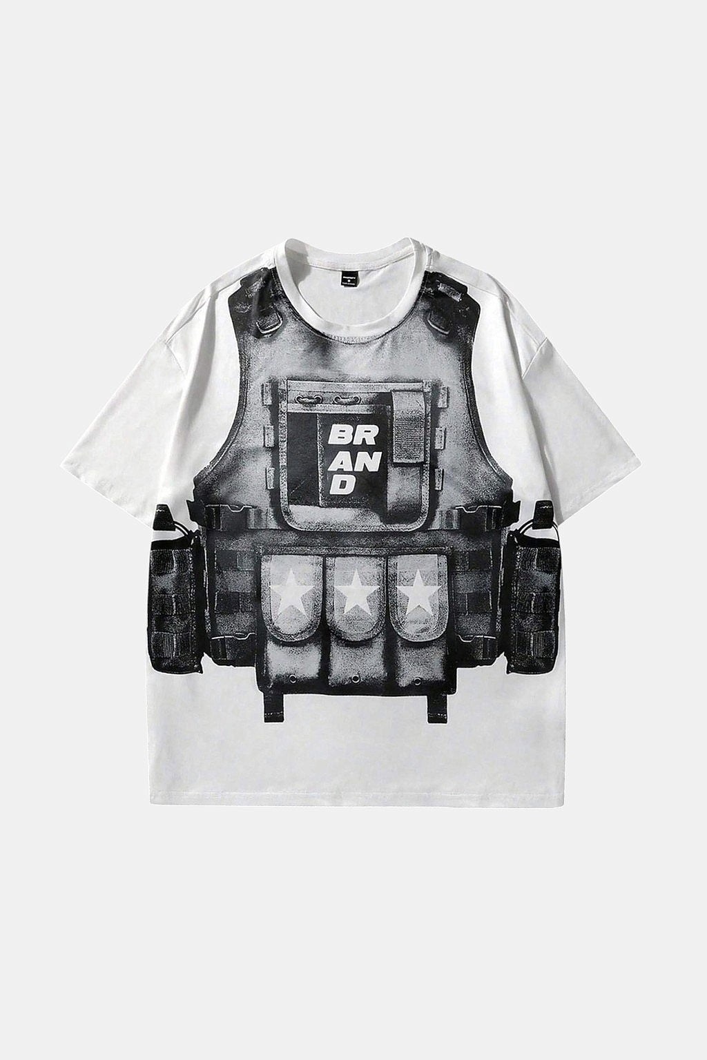 Bulletproof Vest T Shirt - white oversized t-shirt with photorealistic vest print graphic, front view