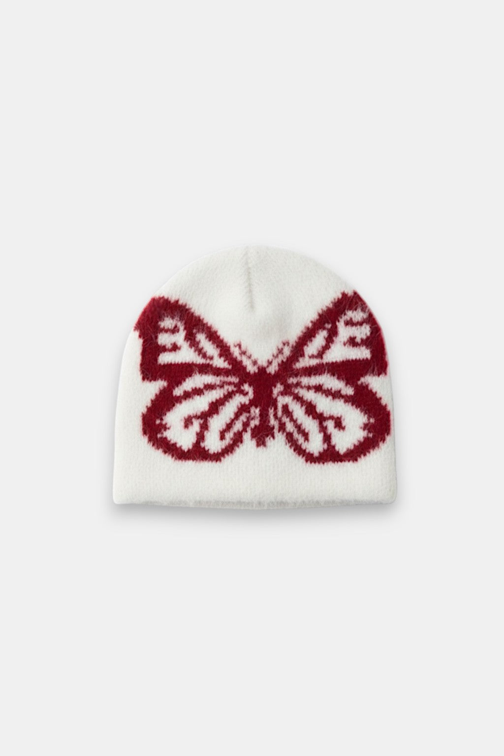 Butterfly Beanie - cream beanie with woven red butterfly graphic, front view