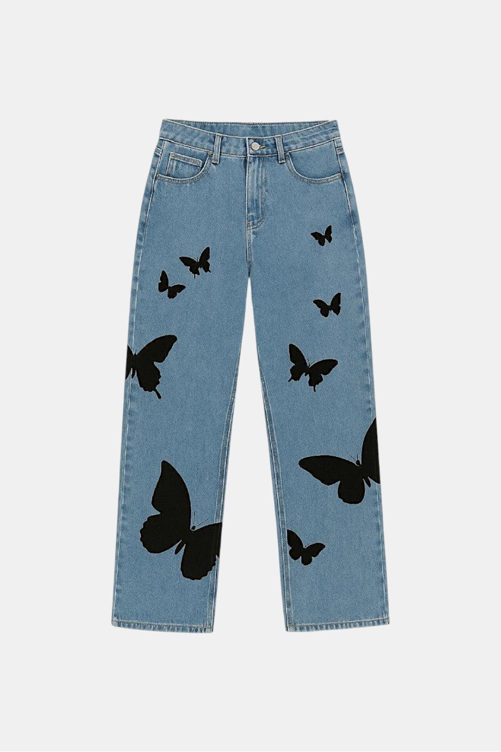 Butterfly Jeans - light wash jeans with scattered butterfly graphic, front view