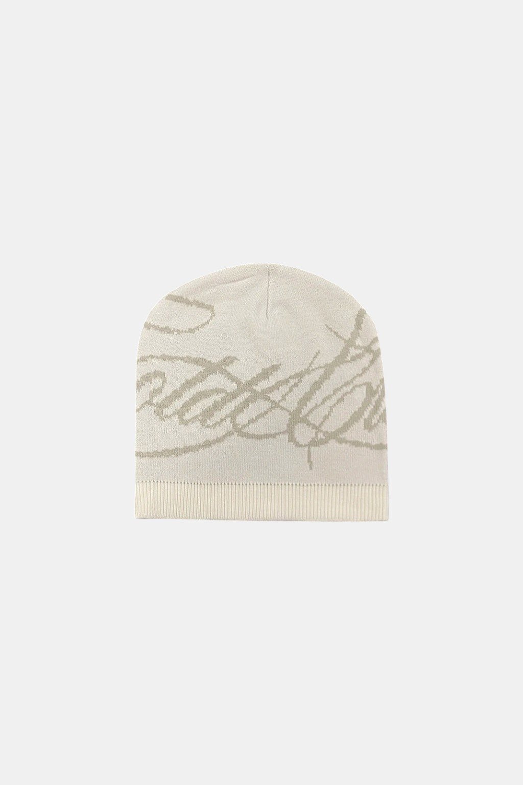 Calligraphy Beanie - cream ribbed beanie with tonal script graphic, front view