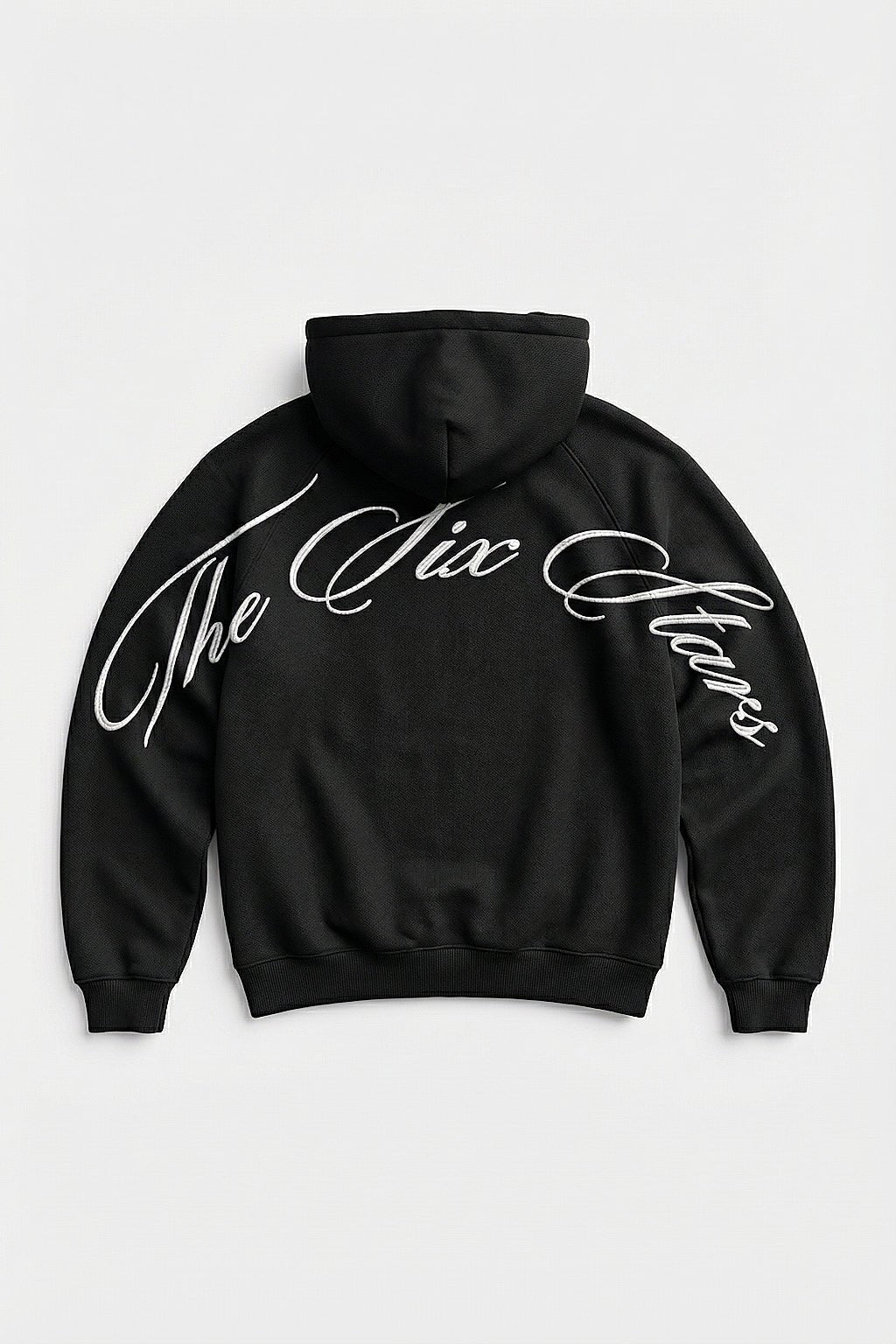 Calligraphy Hoodie - black pullover hoodie with cursive script graphic across chest, front view