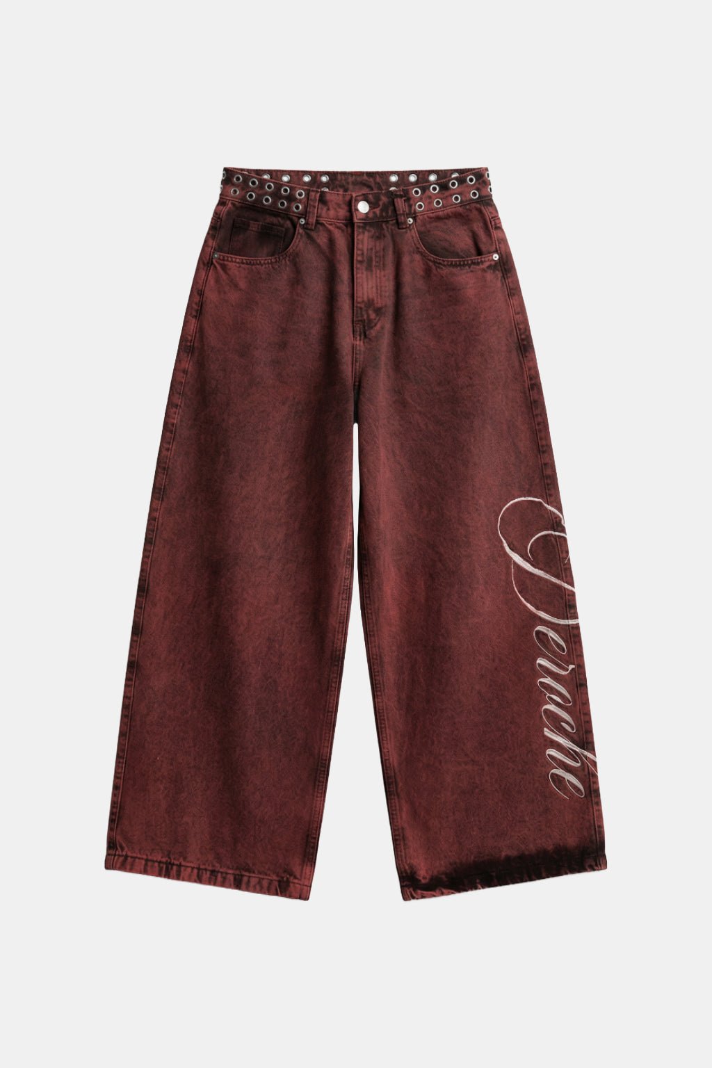 Calligraphy Jeans - oxblood wide leg jeans with cursive script graphic, front view