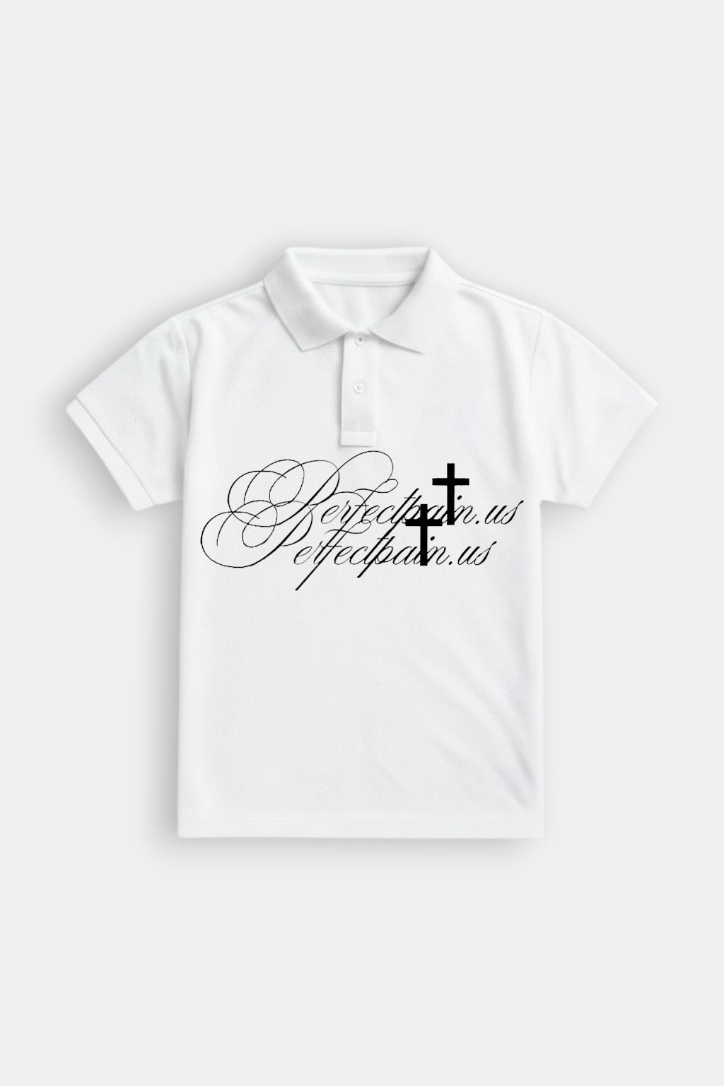 Calligraphy Polo Shirt - white polo with mirrored cursive script graphic, front view
