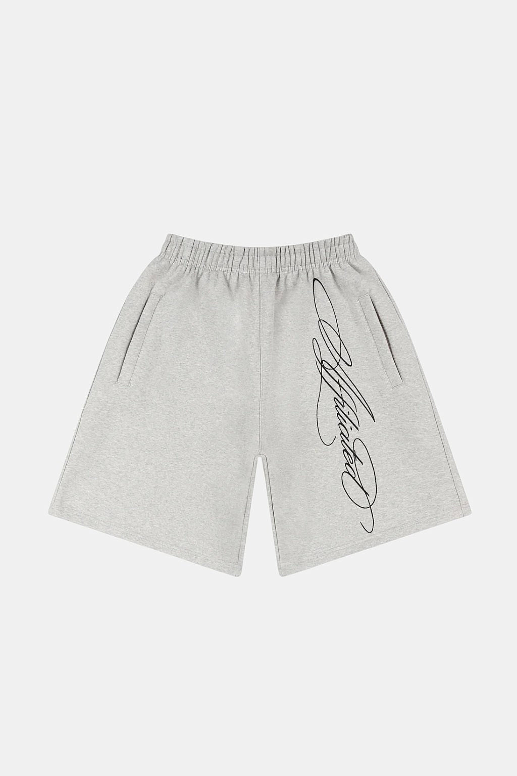Calligraphy Shorts - grey sweat shorts with vertical cursive script graphic, front view