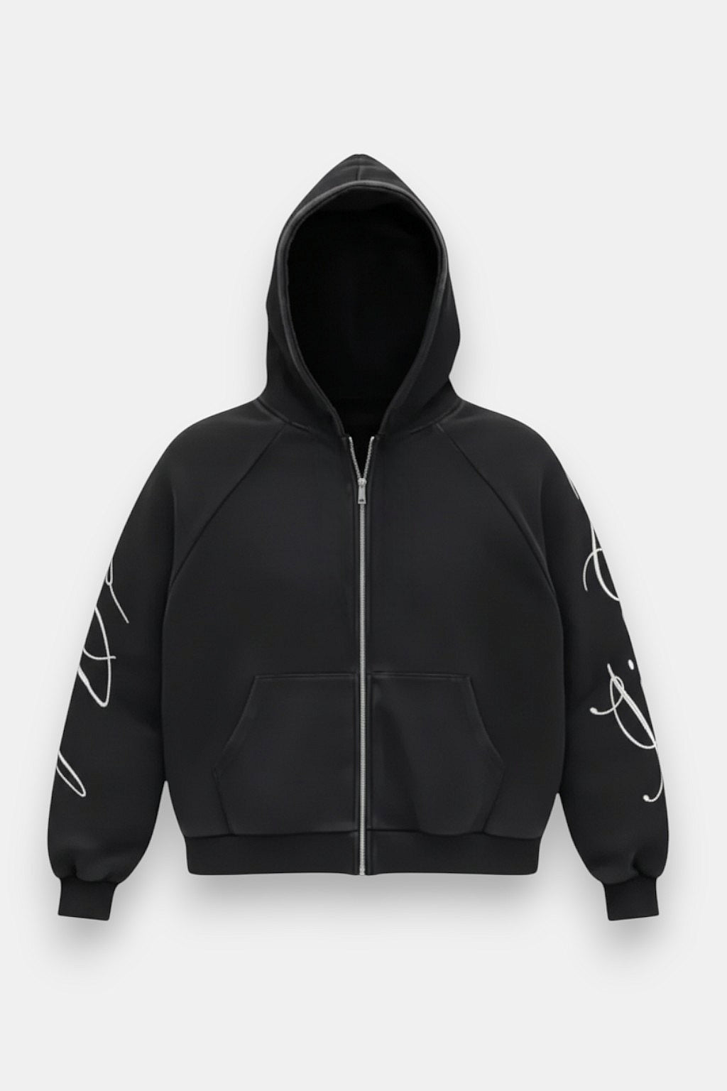 Calligraphy Sweatshirt - black zip hoodie with cursive script down both sleeves, front view