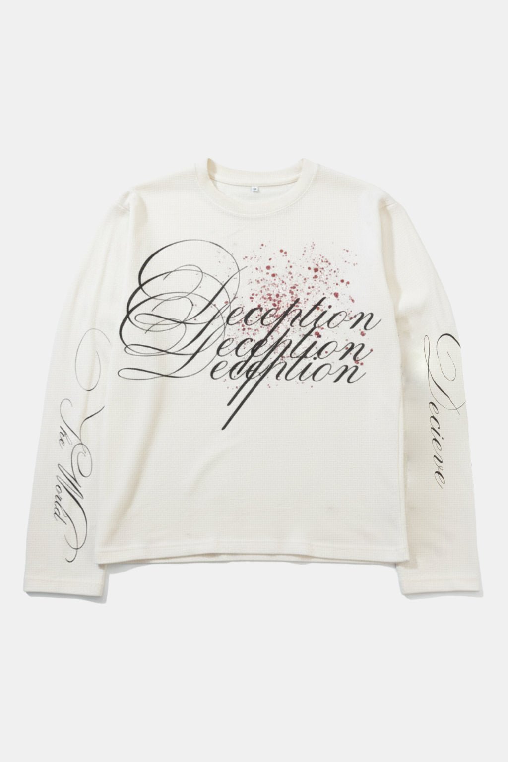 Calligraphy T Shirt - cream long sleeve t-shirt with cascading cursive script graphic, front view